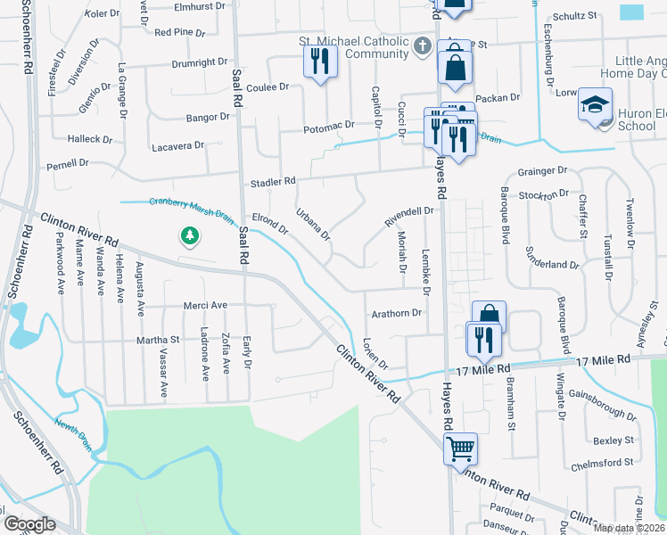 map of restaurants, bars, coffee shops, grocery stores, and more near 39510 Urbana Drive in Sterling Heights