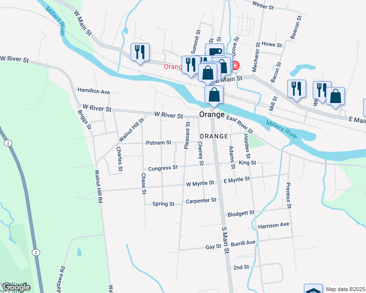 map of restaurants, bars, coffee shops, grocery stores, and more near 52 Pleasant Street in Orange