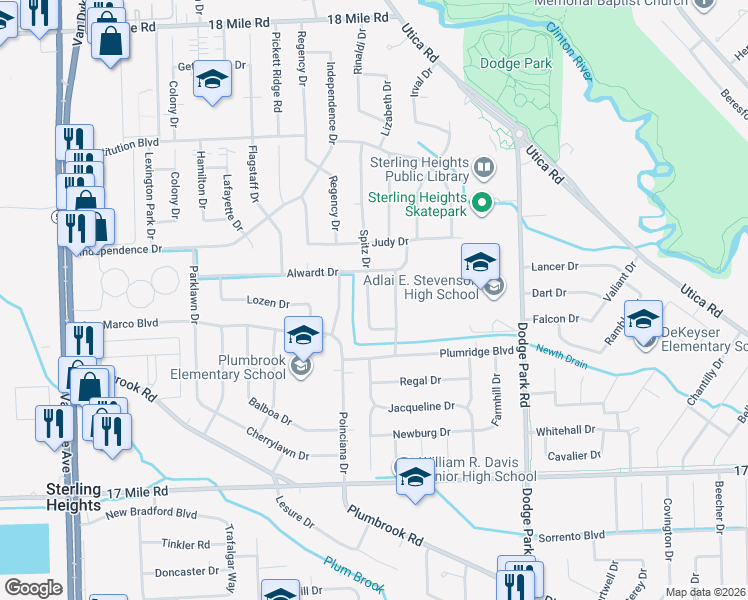 map of restaurants, bars, coffee shops, grocery stores, and more near 39842 Spitz Drive in Sterling Heights