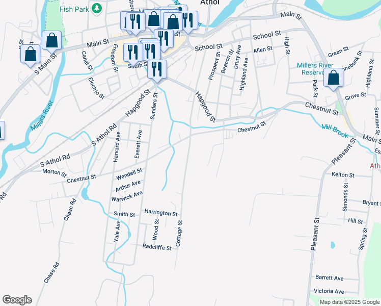 map of restaurants, bars, coffee shops, grocery stores, and more near 498 Cottage Street in Athol