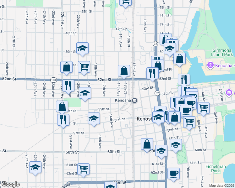 map of restaurants, bars, coffee shops, grocery stores, and more near 5314 14th Avenue in Kenosha