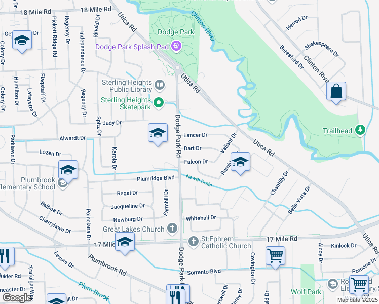 map of restaurants, bars, coffee shops, grocery stores, and more near 11622 Dart Drive in Sterling Heights