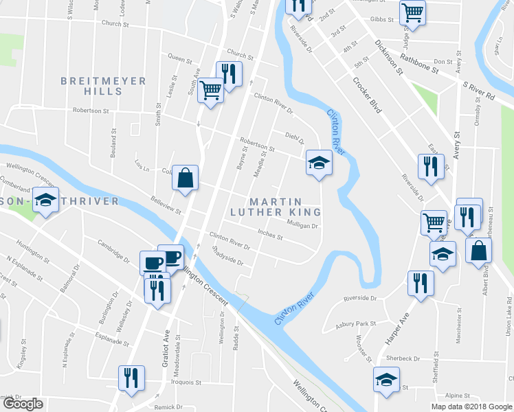 map of restaurants, bars, coffee shops, grocery stores, and more near 81 Kibbee Street in Mount Clemens