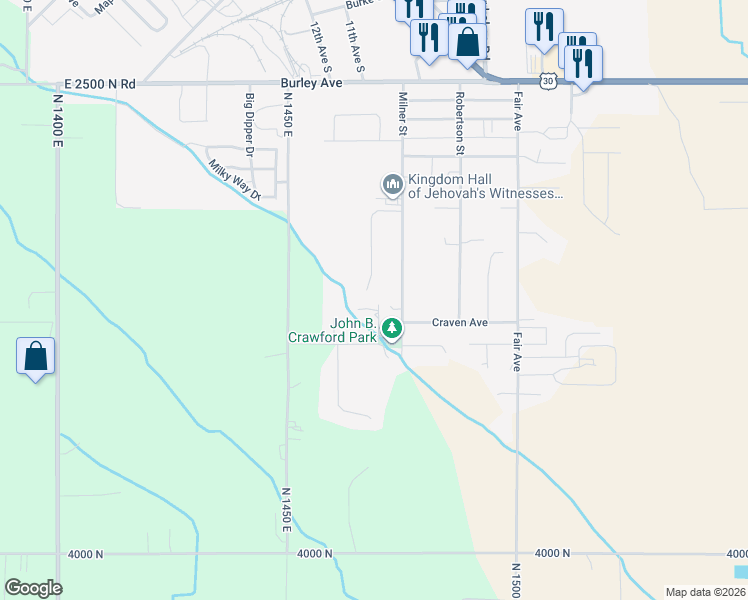 map of restaurants, bars, coffee shops, grocery stores, and more near 962 Milner Street in Buhl