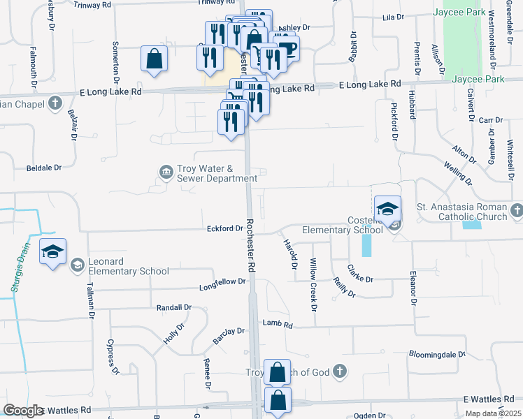 map of restaurants, bars, coffee shops, grocery stores, and more near 4629 Bradley Circle in Troy