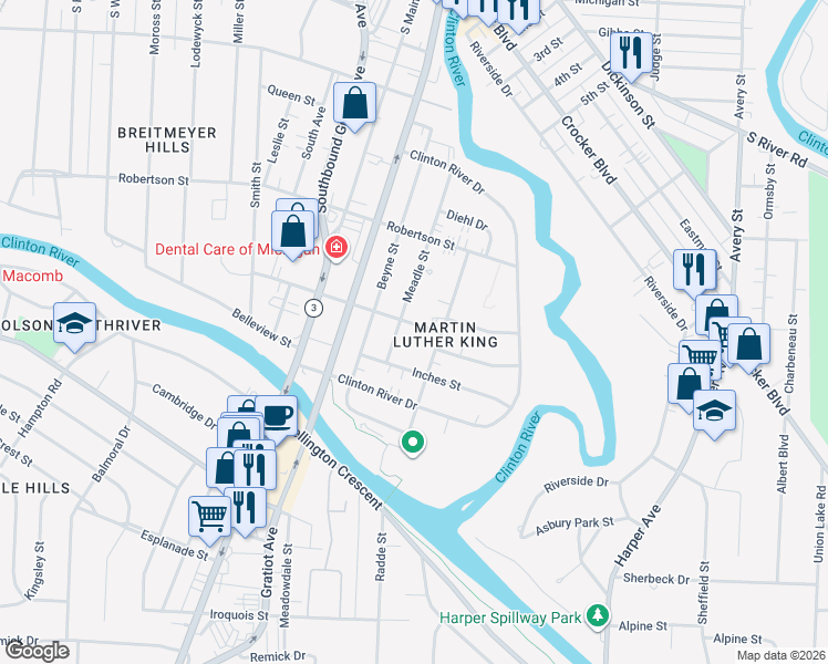map of restaurants, bars, coffee shops, grocery stores, and more near 40 Barbara Street in Mount Clemens