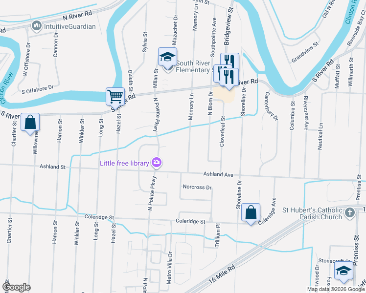 map of restaurants, bars, coffee shops, grocery stores, and more near 39170 Memory Lane in Harrison Township