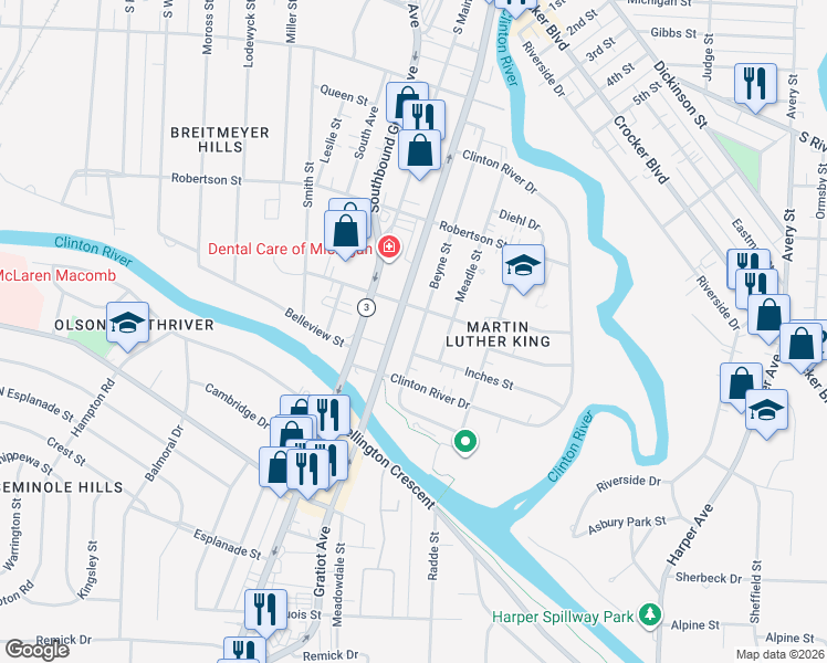 map of restaurants, bars, coffee shops, grocery stores, and more near 150 Beyne Street in Mount Clemens