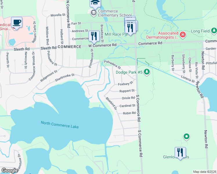 map of restaurants, bars, coffee shops, grocery stores, and more near 4367 Bluebird Drive in Commerce Charter Township