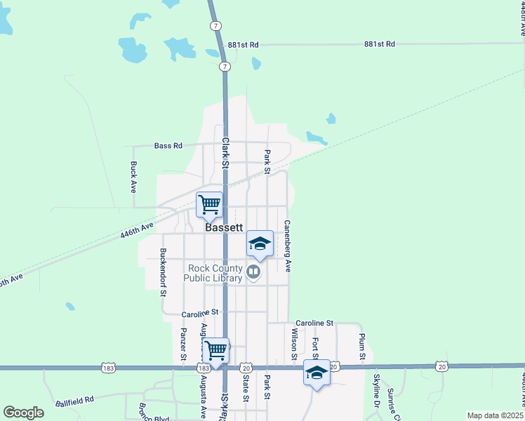 map of restaurants, bars, coffee shops, grocery stores, and more near 101 Park Street in Bassett