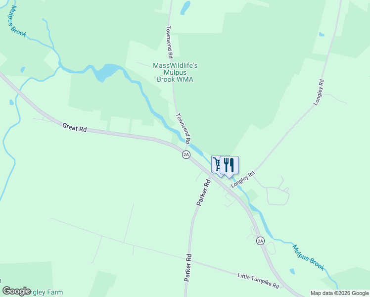 map of restaurants, bars, coffee shops, grocery stores, and more near 234b Great Road in Shirley