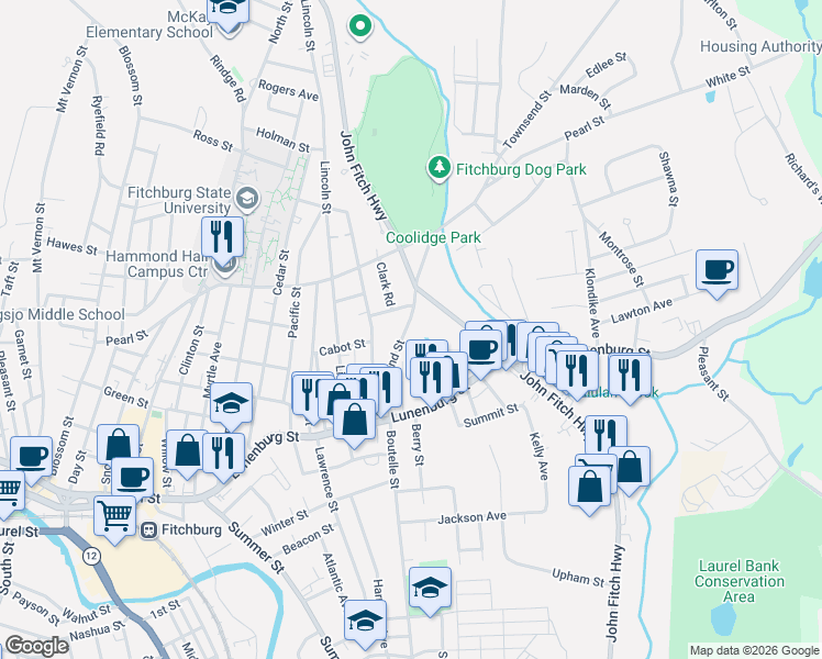 map of restaurants, bars, coffee shops, grocery stores, and more near 91 Townsend Street in Fitchburg
