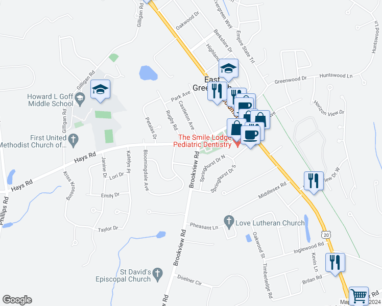 map of restaurants, bars, coffee shops, grocery stores, and more near 9 Bloomingdale Avenue in East Greenbush