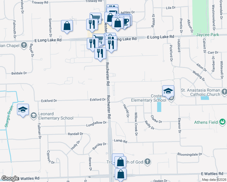 map of restaurants, bars, coffee shops, grocery stores, and more near 4629 Bradley Circle in Troy