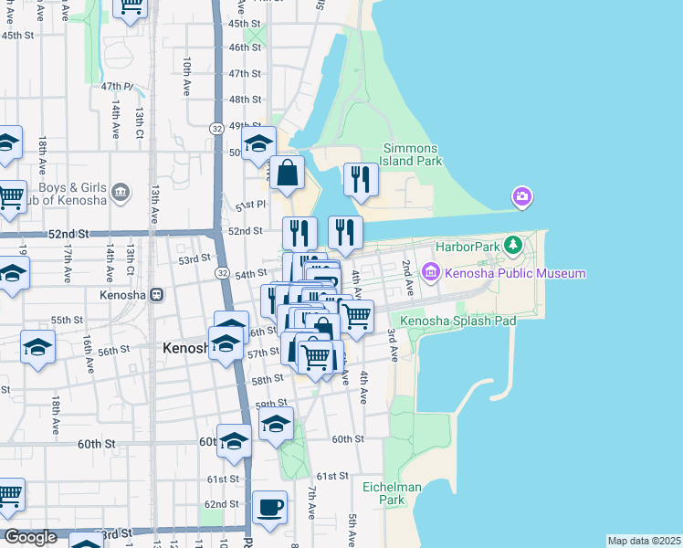 map of restaurants, bars, coffee shops, grocery stores, and more near 514 56th Street in Kenosha