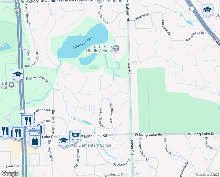 map of restaurants, bars, coffee shops, grocery stores, and more near 575 Woodway Court in Oakland County