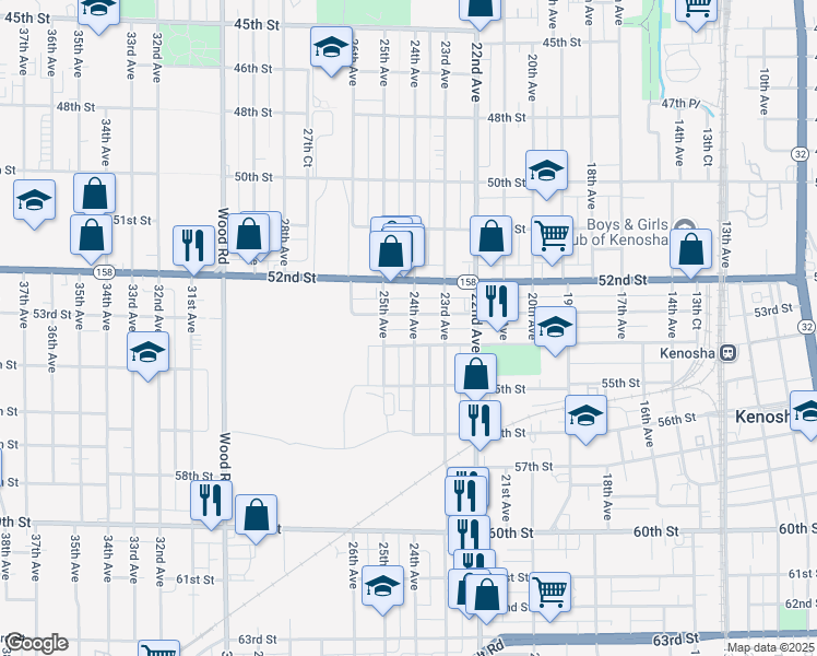 map of restaurants, bars, coffee shops, grocery stores, and more near 5310 24th Ave in Kenosha