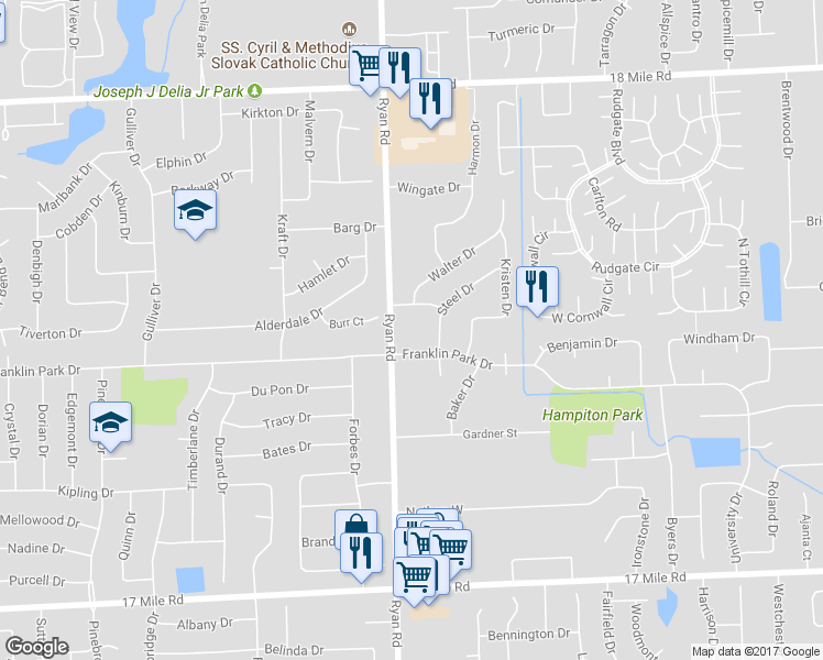 map of restaurants, bars, coffee shops, grocery stores, and more near 40050 Ryan Road in Sterling Heights