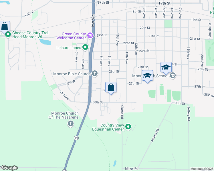 map of restaurants, bars, coffee shops, grocery stores, and more near 2641 9th Avenue in Monroe