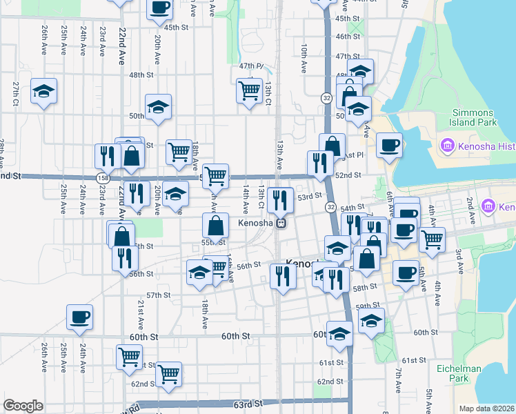 map of restaurants, bars, coffee shops, grocery stores, and more near 5314 14th Avenue in Kenosha