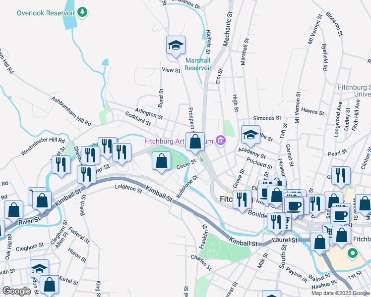 map of restaurants, bars, coffee shops, grocery stores, and more near 958 Main Street in Fitchburg