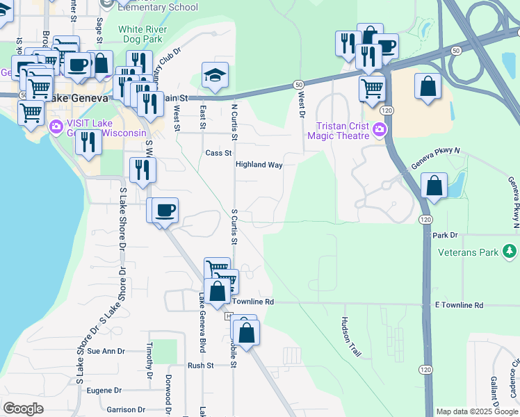 map of restaurants, bars, coffee shops, grocery stores, and more near 405 Skyline Drive in Lake Geneva
