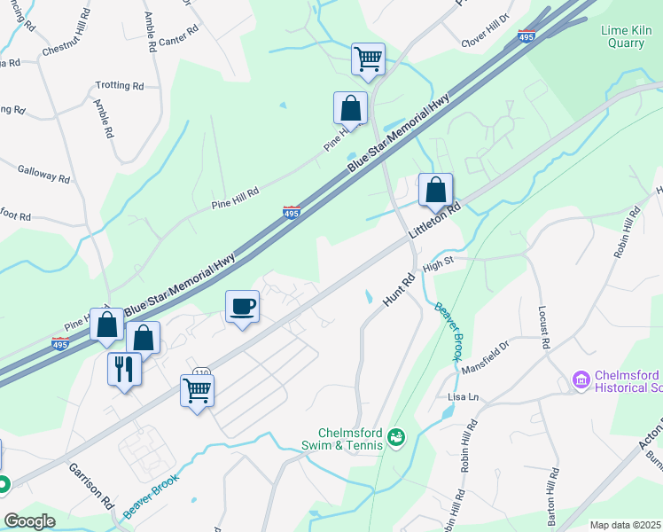 map of restaurants, bars, coffee shops, grocery stores, and more near 235 Littleton Road in Chelmsford