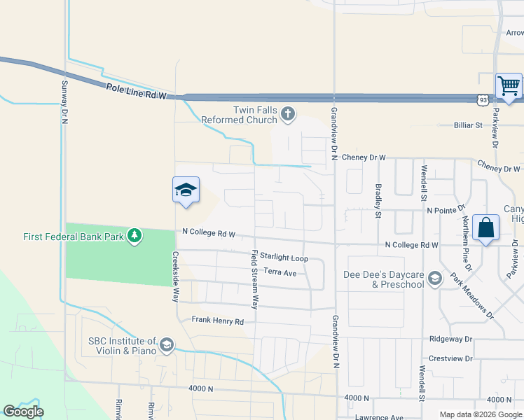 map of restaurants, bars, coffee shops, grocery stores, and more near 1075 Misty Meadows Trail in Twin Falls