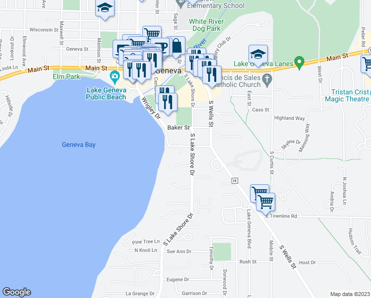 map of restaurants, bars, coffee shops, grocery stores, and more near 517 Seaver Lane in Lake Geneva