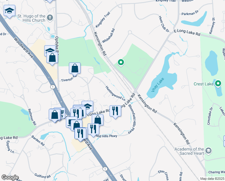 map of restaurants, bars, coffee shops, grocery stores, and more near 1790 Huntingwood Lane in Bloomfield Hills