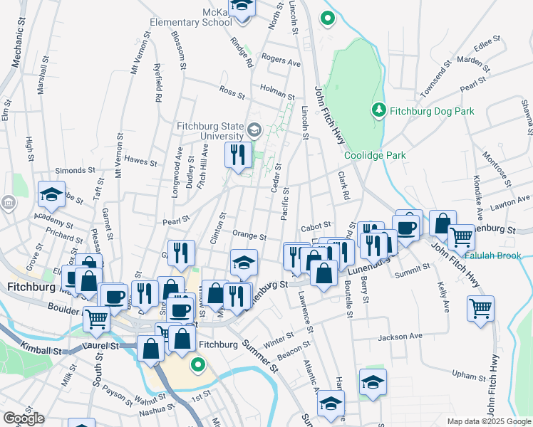 map of restaurants, bars, coffee shops, grocery stores, and more near 74 Cedar Street in Fitchburg