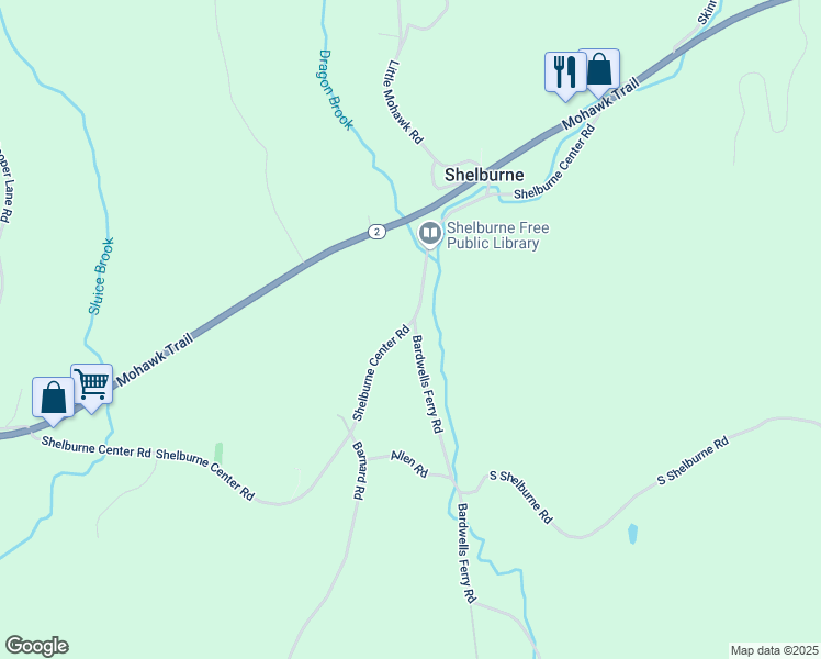 map of restaurants, bars, coffee shops, grocery stores, and more near 199 Shelburne Center Road in Shelburne