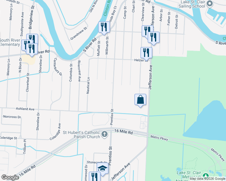 map of restaurants, bars, coffee shops, grocery stores, and more near 39121 Prentiss Street in Harrison Township