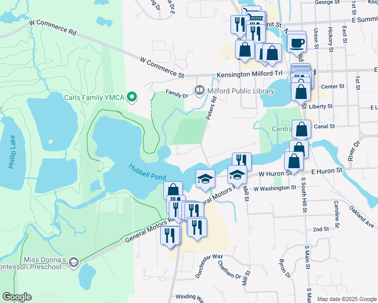 map of restaurants, bars, coffee shops, grocery stores, and more near 623 Mill Pointe Drive in Milford Charter Township
