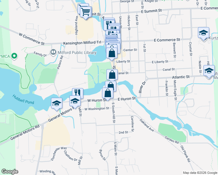 map of restaurants, bars, coffee shops, grocery stores, and more near 120 South Main Street in Milford Charter Township