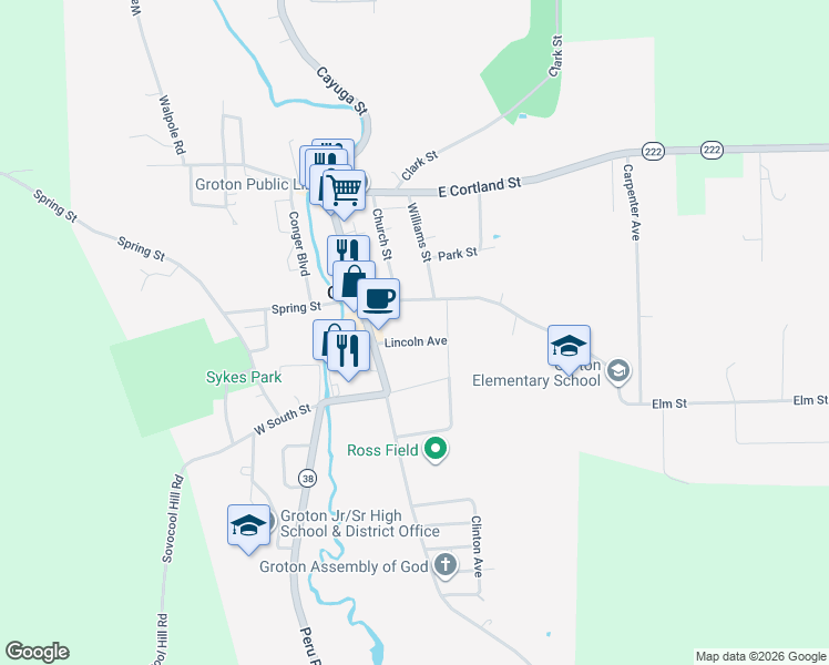map of restaurants, bars, coffee shops, grocery stores, and more near 106 Lincoln Avenue in Groton