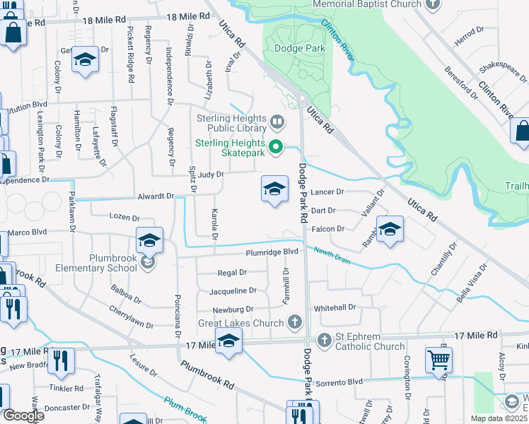 map of restaurants, bars, coffee shops, grocery stores, and more near 39701 Dodge Park Road in Sterling Heights