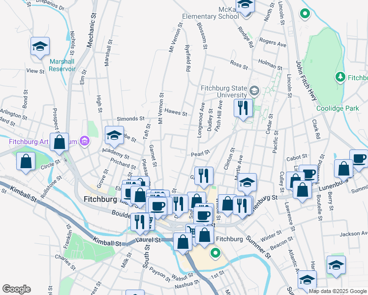 map of restaurants, bars, coffee shops, grocery stores, and more near 167 Blossom Street in Fitchburg