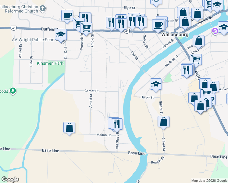 map of restaurants, bars, coffee shops, grocery stores, and more near 50 Garnet Street in Wallaceburg