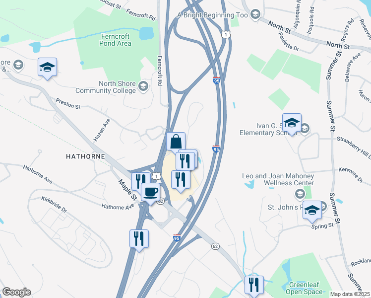 map of restaurants, bars, coffee shops, grocery stores, and more near 108 Conifer Hill Drive in Danvers