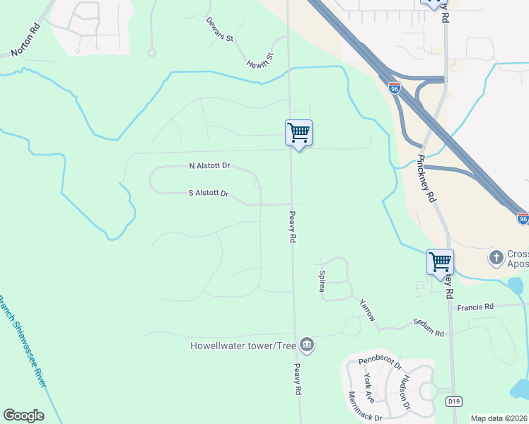 map of restaurants, bars, coffee shops, grocery stores, and more near 1222 Peavy Road in Howell
