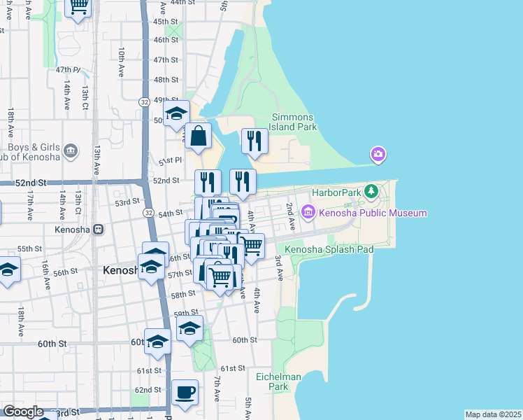 map of restaurants, bars, coffee shops, grocery stores, and more near 326 55th Street in Kenosha