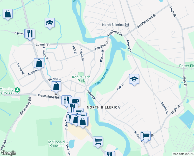 map of restaurants, bars, coffee shops, grocery stores, and more near 76 Wilson Street in Billerica