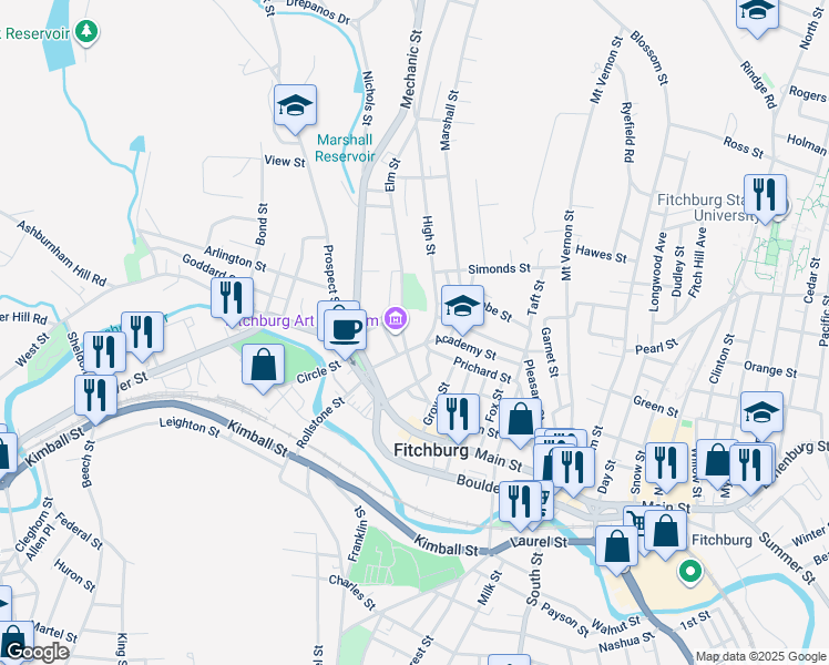 map of restaurants, bars, coffee shops, grocery stores, and more near 62 Academy Street in Fitchburg