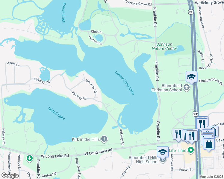 map of restaurants, bars, coffee shops, grocery stores, and more near 1412 Inwoods Circle in Bloomfield Hills