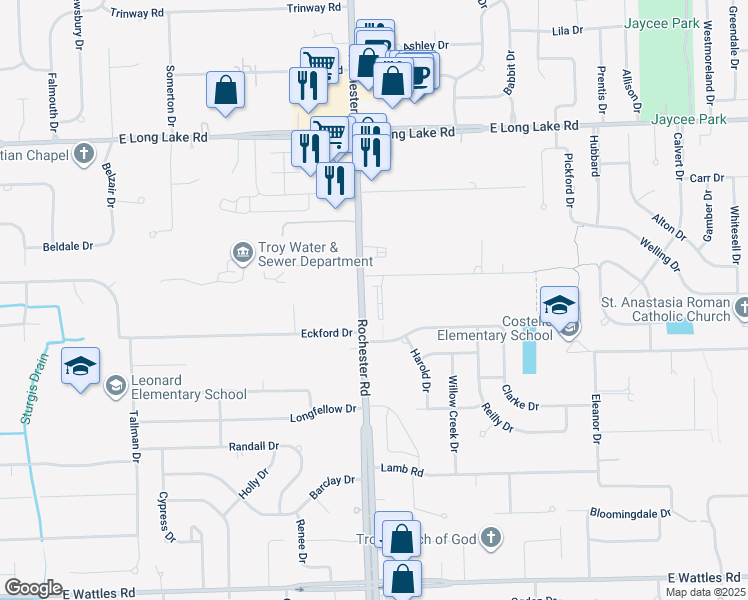 map of restaurants, bars, coffee shops, grocery stores, and more near 4629 Bradley Circle in Troy
