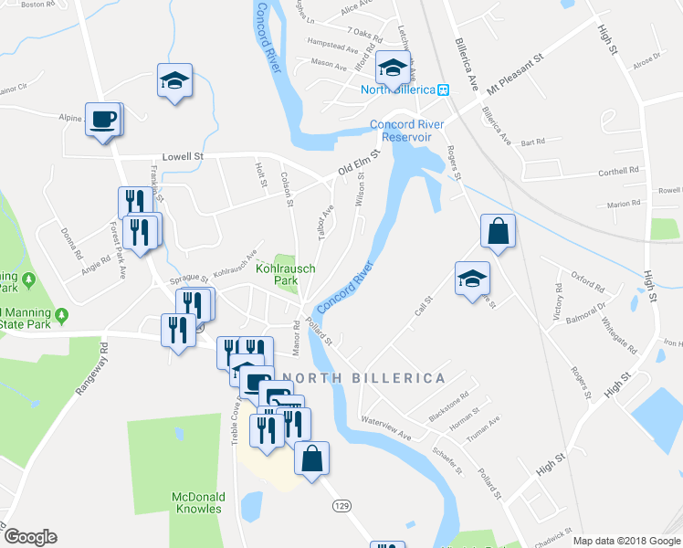 map of restaurants, bars, coffee shops, grocery stores, and more near 78 Wilson Street in Billerica