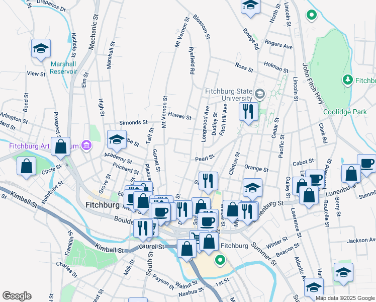 map of restaurants, bars, coffee shops, grocery stores, and more near 167 Blossom Street in Fitchburg