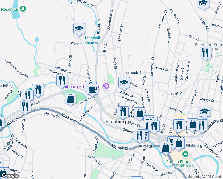 map of restaurants, bars, coffee shops, grocery stores, and more near 179 Elm Street in Fitchburg