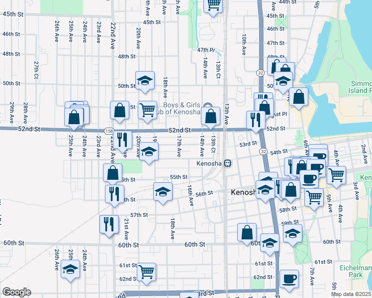 map of restaurants, bars, coffee shops, grocery stores, and more near 1610 54th Street in Kenosha